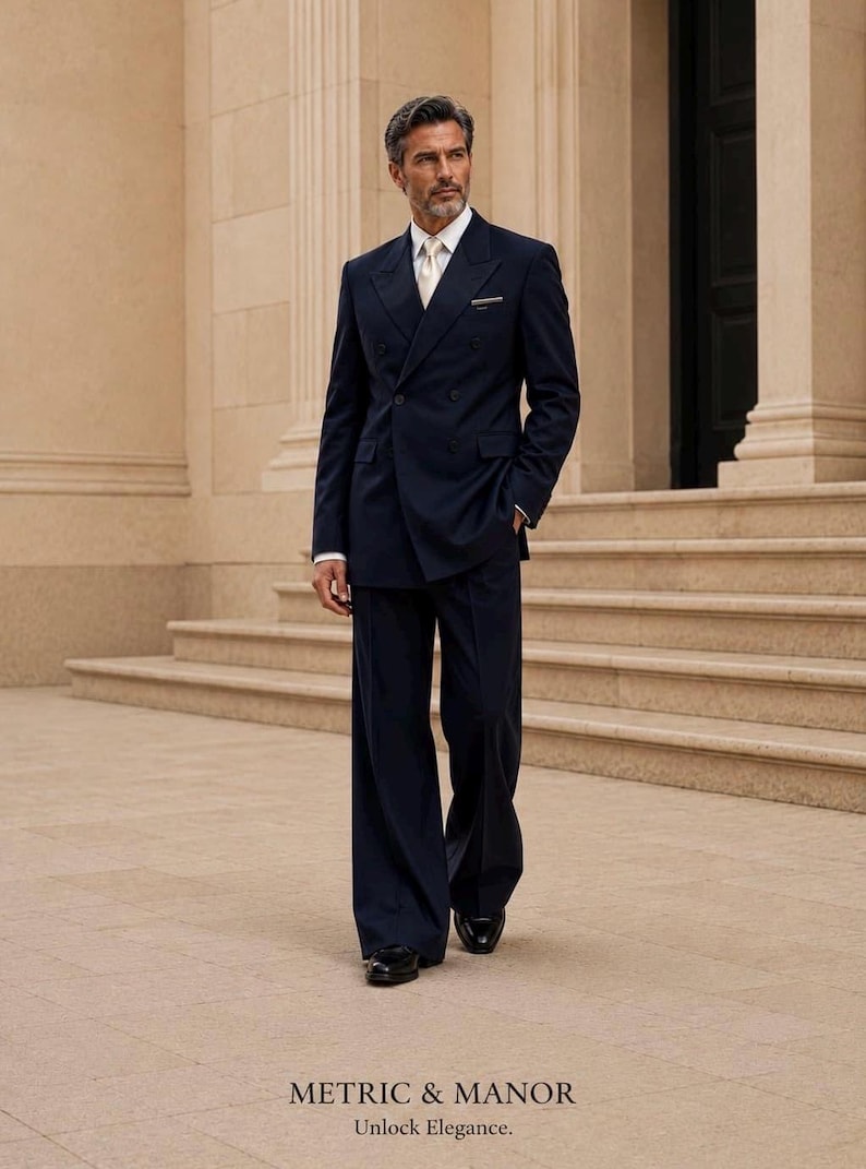 May include: A navy blue double-breasted suit with a white dress shirt and a light-colored tie. The suit jacket features a pocket square and wide lapels, paired with matching wide-leg trousers and black dress shoes. Text reads: METRIC & MANOR Unlock Elegance.