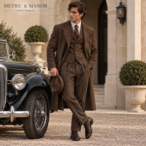 May include: A brown tweed three-piece suit consisting of a long overcoat, a buttoned vest, and pleated trousers, paired with a matching flat cap, a white collared shirt, a brown necktie, and dark brown leather dress shoes.