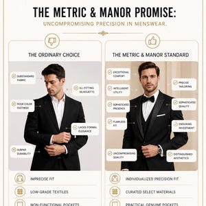 May include: An infographic titled Metric & Manor featuring two side-by-side comparisons of a black suit. The left side labelled The Ordinary Choice shows a suit with negative labels, while the right side labelled The Metric & Manor Standard shows a suit with positive labels and checkmarks.