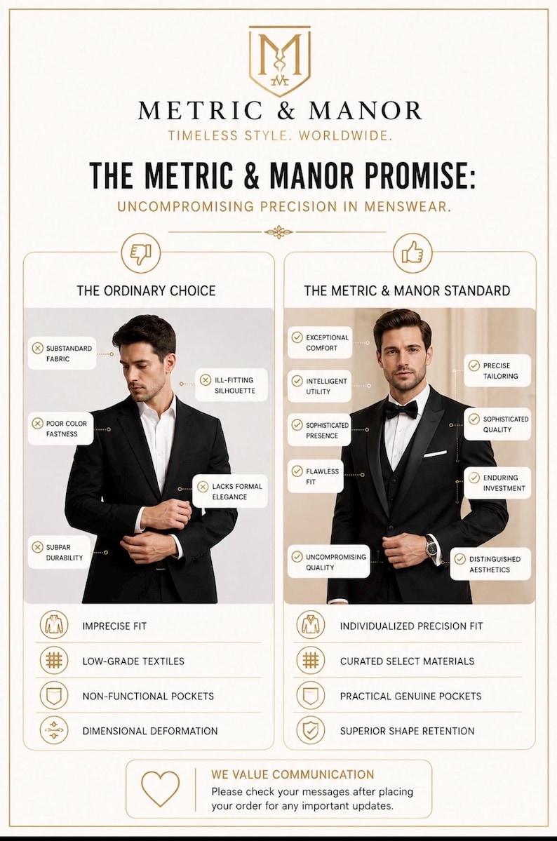 May include: An infographic titled Metric & Manor featuring two side-by-side comparisons of a black suit. The left side labelled The Ordinary Choice shows a suit with negative labels, while the right side labelled The Metric & Manor Standard shows a suit with positive labels and checkmarks.