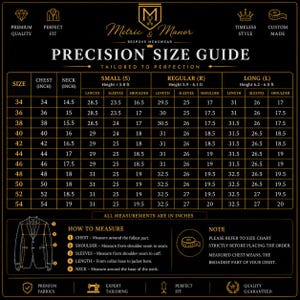 May include: A black and gold Metric & Manor precision size guide chart for jackets. The table lists chest, neck, length, sleeve, and shoulder measurements in inches for small, regular, and long sizes, with a diagram showing how to measure.
