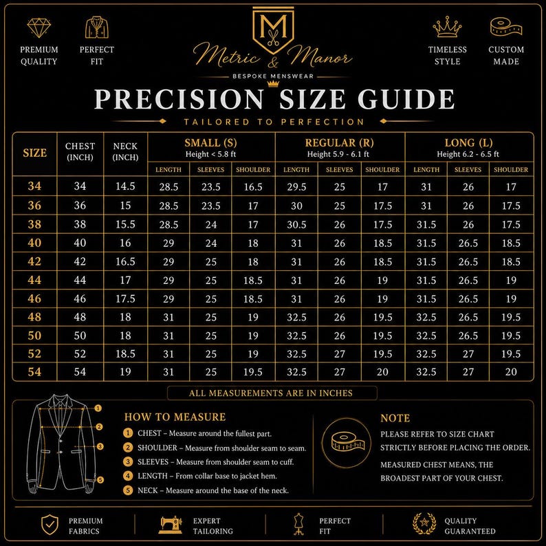 May include: A black and gold Metric & Manor precision size guide chart for jackets. The table lists chest, neck, length, sleeve, and shoulder measurements in inches for small, regular, and long sizes, with a diagram showing how to measure.