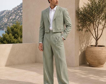 Traje de chaqueta corta verde salvia y pantalón de pierna ancha / Traje formal de boda para novio moderno