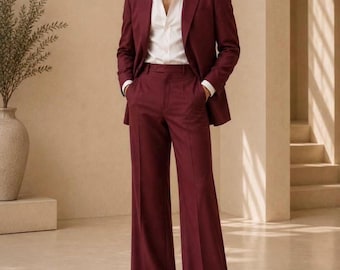Burgundy Wide Leg Suit, 70s Inspired Menswear, Retro Groom Wedding Attire