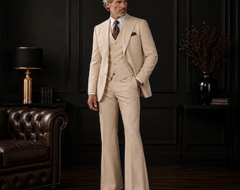 Beige Wedding Suit Men, Cream 3 Piece Suit, Ivory Groom Suit, Vintage Wide Leg Suit, 70s Flared Trousers, Old Money Style