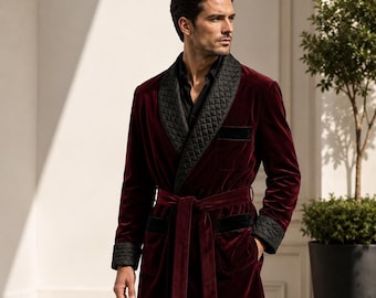 Mens Burgundy Velvet Smoking Coat | Luxury Dressing Gown | Quilted Shawl Lapel Smoking Robe | Old Money Lounge Wear