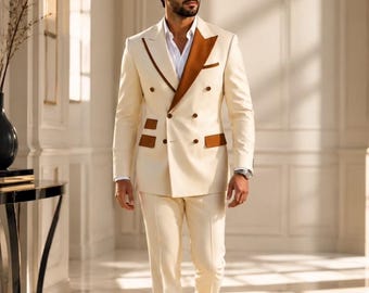 Ivory Zweireihiger Anzug für Männer, Hochzeitsanzug, Hochzeitsanzug, cremefarbener Bräutigam Anzug, Luxus-Abschlussball-Anzug