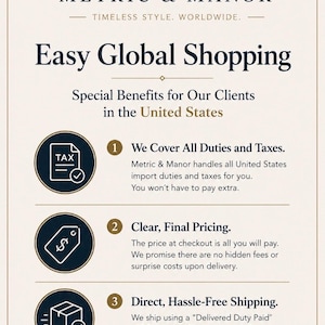 May include: An informational graphic for Metric & Manor titled Easy Global Shopping. It outlines three benefits for United States clients: covering all duties and taxes, clear final pricing, and direct, hassle-free shipping with DDP methods.