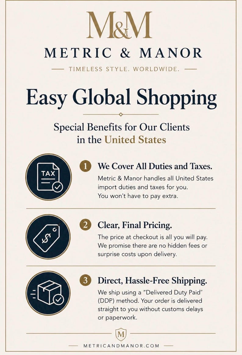May include: An informational graphic for Metric & Manor titled Easy Global Shopping. It outlines three benefits for United States clients: covering all duties and taxes, clear final pricing, and direct, hassle-free shipping with DDP methods.