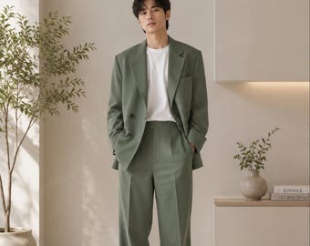 Korean style Sage Green Oversized Suit Set – Relaxed Fit Blazer, Trousers for men