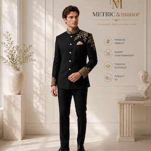 Könnte beinhalten: Ein schwarzer formeller Anzug mit goldener Stickerei an Kragen und Ärmeln. Der Anzug hat goldene Knöpfe und ein Einstecktuch. Der Text "METRIC & manor" und "WEDDING | FORMAL | LUXURY PRET" ist enthalten.