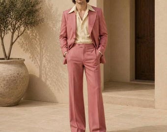 Dusty Rose Pink 70s Style Men's Suit | Wide Leg Trousers, Retro Wedding Attire