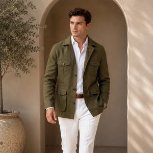 Olive Green Linen Safari Jacket, Tailored Field Blazer, Menswear Sport Coat