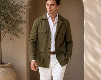 Olive Green Linen Safari Jacket, Tailored Field Blazer, Menswear Sport Coat
