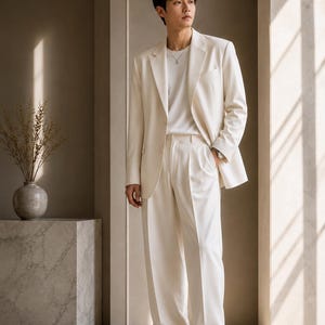 May include: Cream-colored suit consisting of a blazer, trousers, and a white t-shirt. The blazer has a notched lapel and a pocket. The trousers are pleated. The outfit is paired with white sneakers. The text "METRIC & MANOR" is at the top.