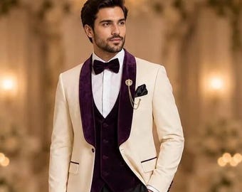 Terno de casamento marfim com lapela xale de veludo roxo para homens | Terno de noivo de 3 peças | Jaqueta de jantar formal de luxo | Metric & Manor