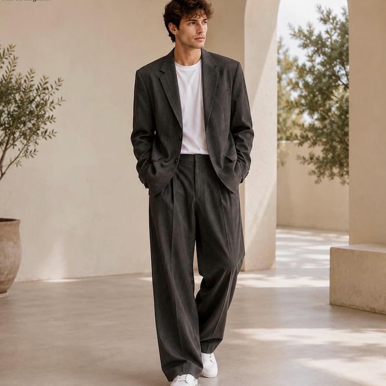 May include: A charcoal grey suit consisting of a single-breasted blazer with notched lapels and matching wide-leg trousers with a pleated front, worn over a plain white crew-neck t-shirt and paired with simple white trainers.