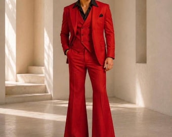 Men's Red 3-Piece 70s Bell Bottom Suit, Retro Disco Wedding Prom Outfit