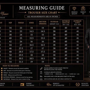 May include: A black and gold Metric & Manor trouser size chart with a measuring guide, including columns for waist, hip, thigh, knee, bottom opening, and outseam measurements in inches, alongside a diagram and notes on how to measure trousers.