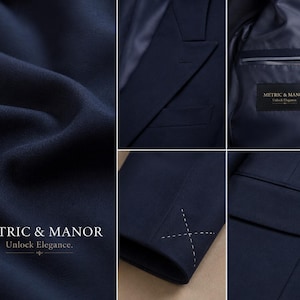 May include: A navy blue blazer featuring a textured fabric, notched lapels, and a welt pocket. The interior lining includes a black label with the text METRIC & MANOR Unlock Elegance. A sleeve cuff displays white cross-stitch detailing.