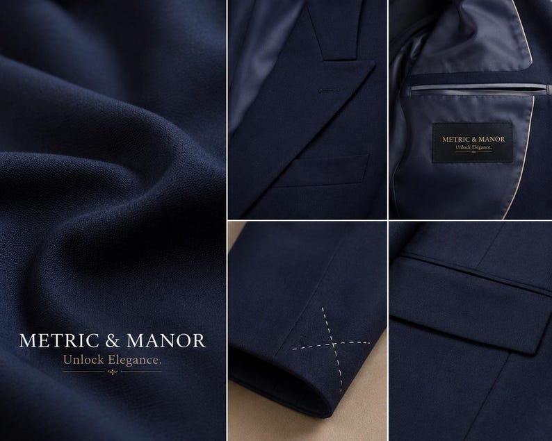 May include: A navy blue blazer featuring a textured fabric, notched lapels, and a welt pocket. The interior lining includes a black label with the text METRIC & MANOR Unlock Elegance. A sleeve cuff displays white cross-stitch detailing.