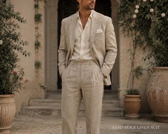 Sand Beige Linen Suit Men, Relaxed Fit Linen Suit, Summer Wedding Suit, Beach Wedding Outfit, Lightweight Beige Suit, Groomsmen Linen Suit,
