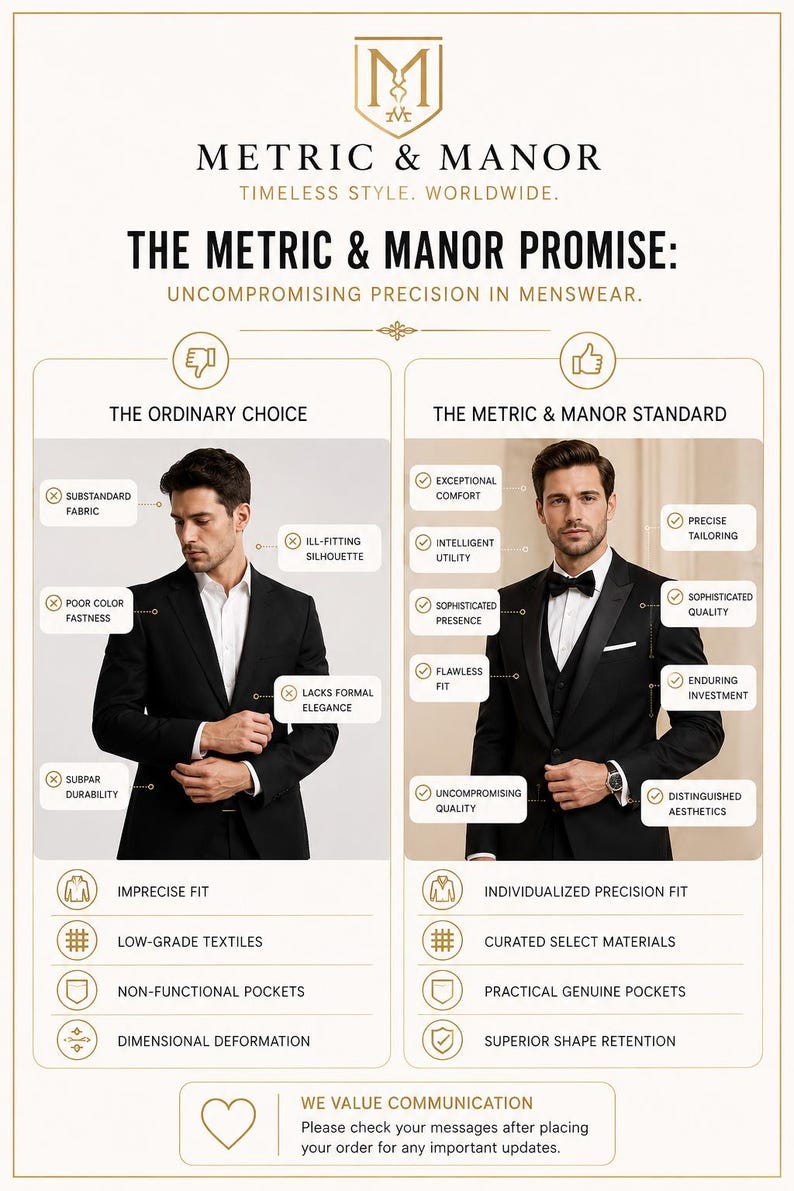 May include: An infographic titled Metric & Manor comparing two suits. The left side shows a suit with labels like substandard fabric and ill-fitting silhouette. The right side shows a suit with labels like exceptional comfort and precise tailoring.