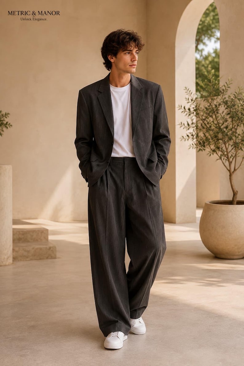 May include: A dark charcoal grey suit consisting of a single-breasted blazer with notched lapels and wide-leg trousers, worn over a plain white t-shirt. The outfit is paired with white trainers. The text METRIC & MANOR Unlock Elegance is visible.