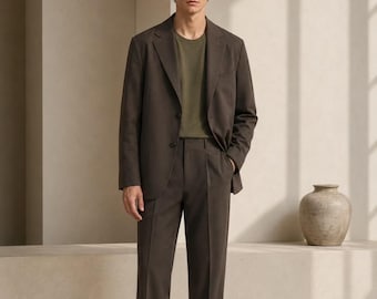 Men's Brown Relaxed Fit Suit Set | Modern Minimalist Tailored Blazer Pants Outfit
