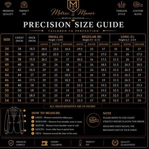 May include: A black and gold Metric & Manor precision size guide chart for bespoke menswear. The table displays chest, neck, length, sleeve, and shoulder measurements in inches for small, regular, and long sizes, with a diagram showing how to measure.