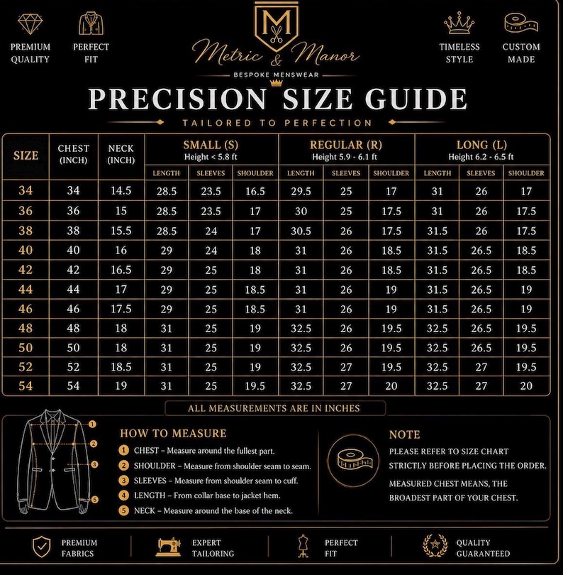 May include: A black and gold Metric & Manor precision size guide chart for bespoke menswear. The table displays chest, neck, length, sleeve, and shoulder measurements in inches for small, regular, and long sizes, with a diagram showing how to measure.