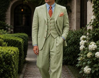 Pista Grüner Leinenanzug für Männer, 3-teiliger Luxushochzeitsanzug, Herrenanzug, Salbeigrüner Bräutigamsanzug, Hochzeitsanzug