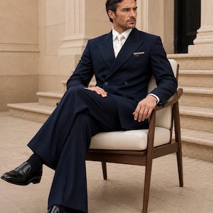 May include: A navy blue double-breasted suit with a white dress shirt, a cream-colored tie, and black leather loafers. The text "METRIC & MANOR Unlock Elegance." appears in the upper left corner of the image, featuring a classic tailored design.