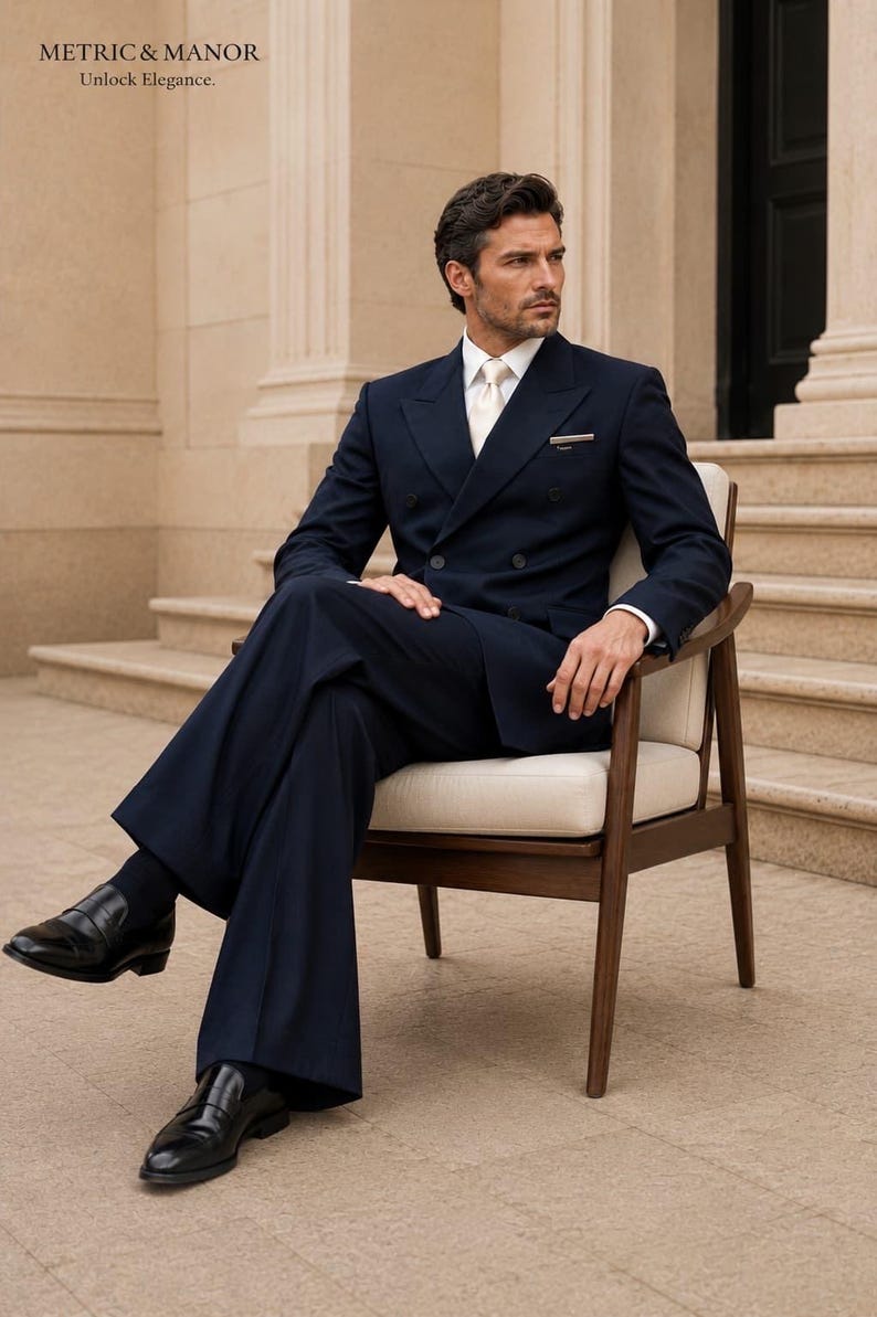 May include: A navy blue double-breasted suit with a white dress shirt, a cream-colored tie, and black leather loafers. The text "METRIC & MANOR Unlock Elegance." appears in the upper left corner of the image, featuring a classic tailored design.