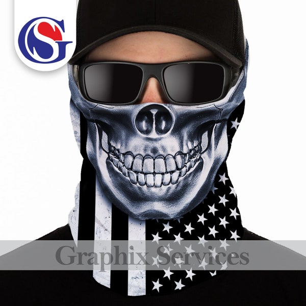 Jpg, Png, Tiff, Pdf, Neck Gaiter, Face Mask, American, Flag, Skull, Dirty, Black, White, Metal, Rock, Motorcycle, Havy Metal, Dark, Soul