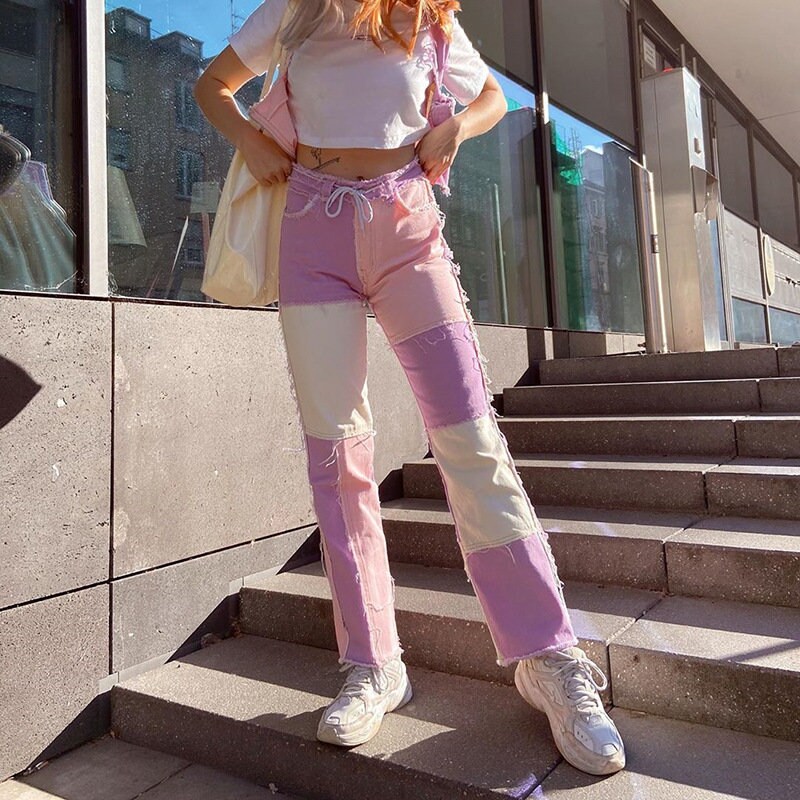 casual patchwork high waist color block jeans