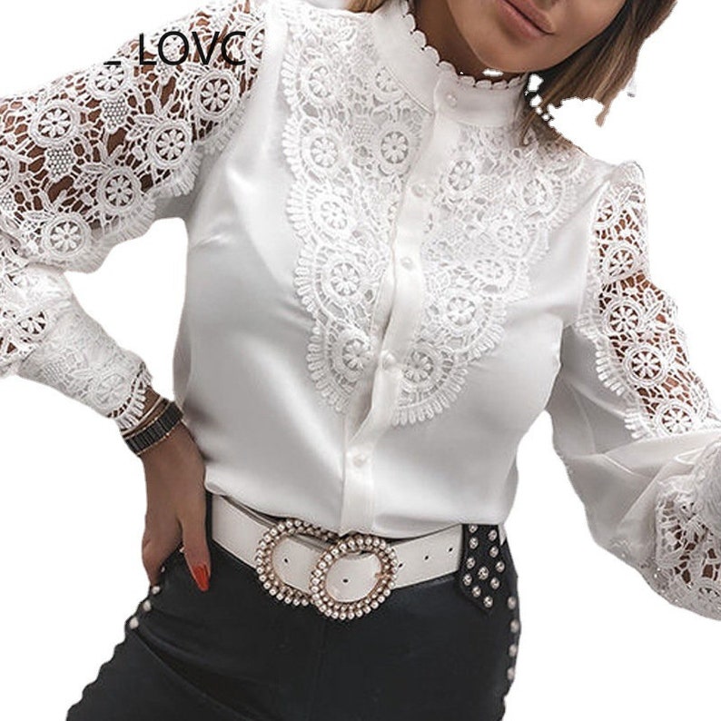 Fashion Lace Long Sleeve V Neck Button Shirt Women Women Etsy
