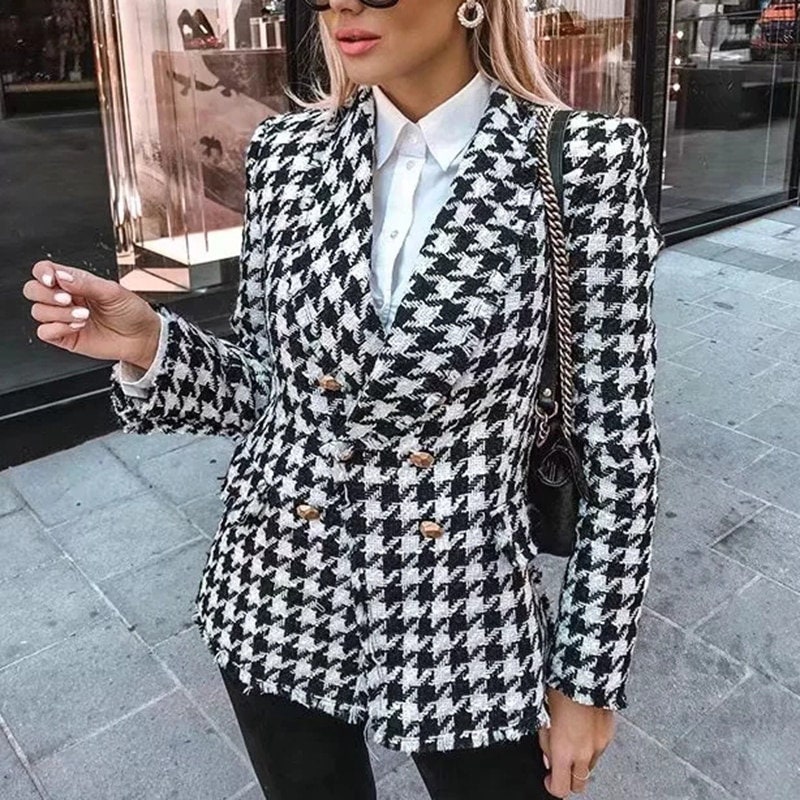 Houndstooth Woman Jacket Women Autumn Retro Thick Plaid Jacket - Etsy