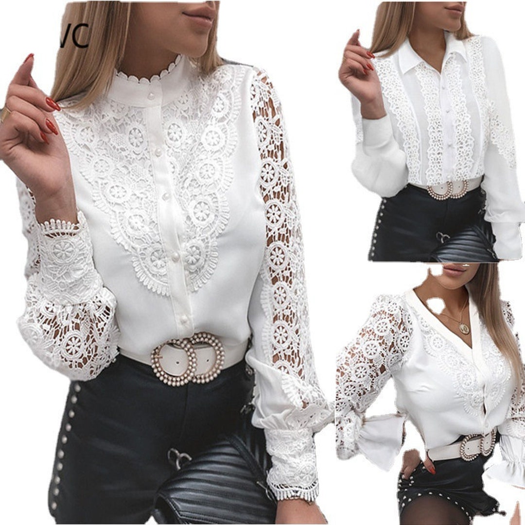 Fashion Lace Long Sleeve V Neck Button Shirt Women Women Etsy