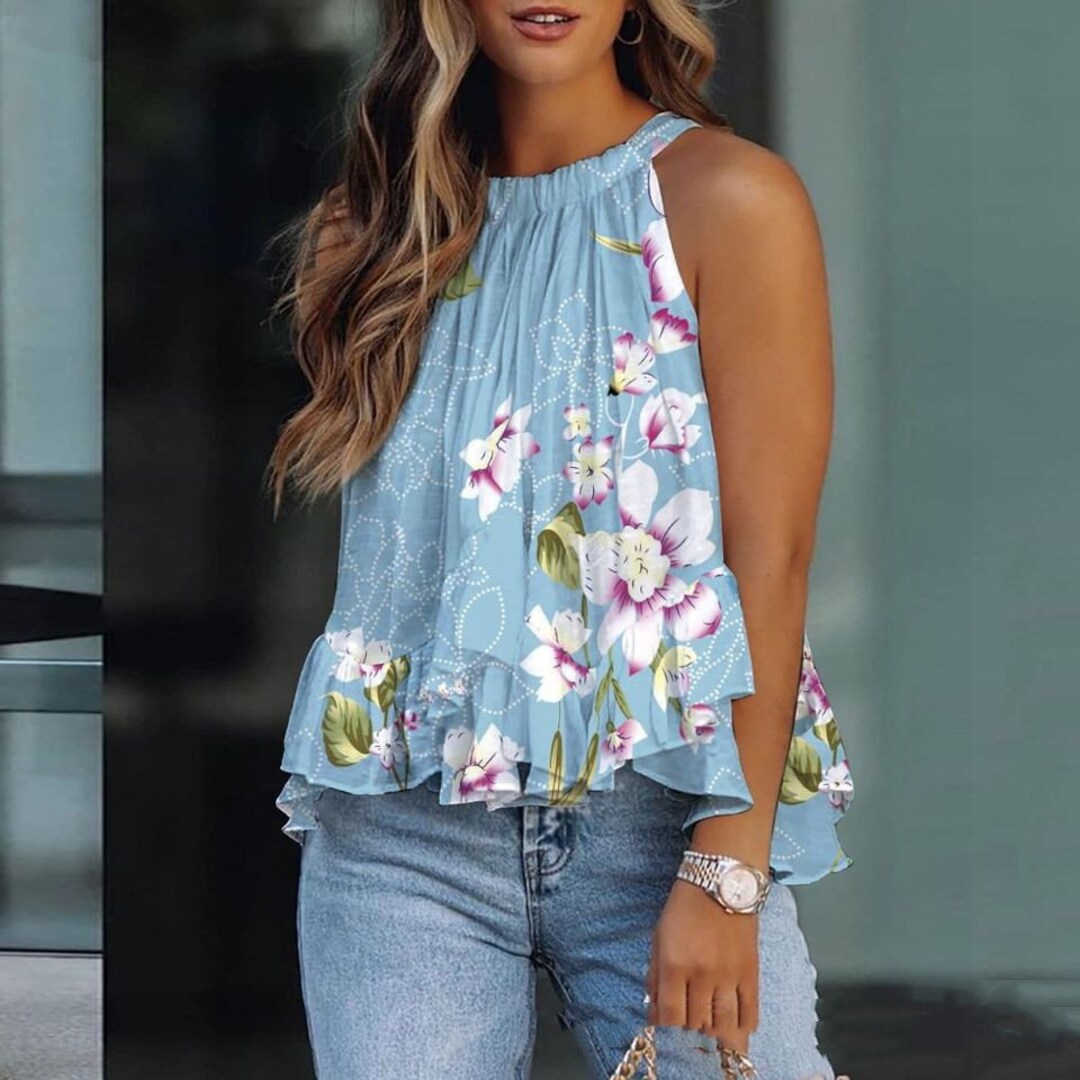 Ladies Lace-up Blouse Top Floral Sleeveless Round Neck - Etsy