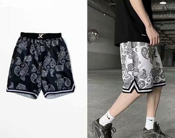 Summer Vintage Design Basketball Shorts, Men's Loose Cashew Flower Drawstring Shorts