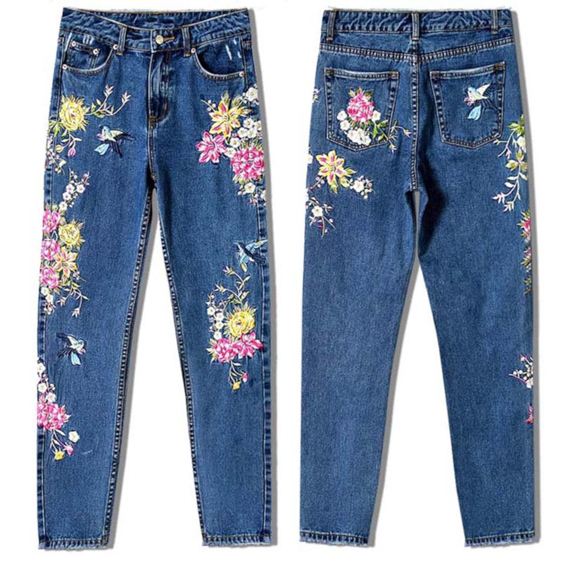 High-rise Jeans Floral Slim-fit Straight-leg Jeans With Front - Etsy