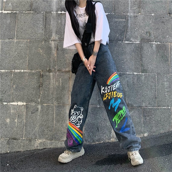 Rainbow Print Jeans Loose Straight Wide Leg Pants Y2k Denim - Etsy