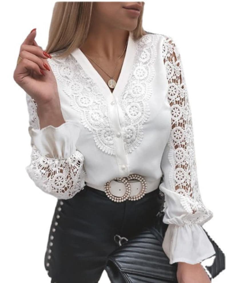 Fashion Lace Long Sleeve V Neck Button Shirt Women Women Etsy