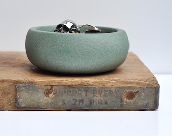 Handmade Concrete Trinket Dish: Little Ash Green rustic Jewelry and Coin Bowl Textured