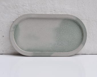 Oval Concrete Trinket Tray: Handmade Light Grey and Green Minimalist Jewellery, candle plate