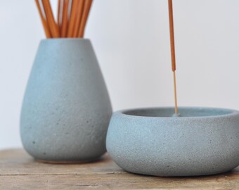 Concrete Incense Burner Set:  Handmade Cement Joss Stick Holder Steel Grey NEW
