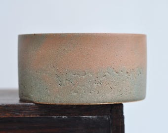 Small Concrete Bowl: NEW Handmade Minimalist Cylinder Jewelry Dish Green and Orange