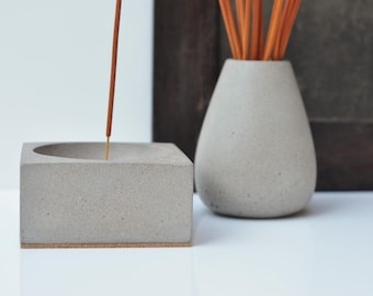 Grey Concrete Incense Burner Set: Handmade Brutalist Cement Joss Stick Holder and Burner