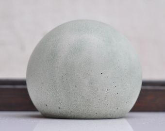 Concrete Sphere Ornament: Handmade Modern Minimalist Paper Weight Light Grey and Green